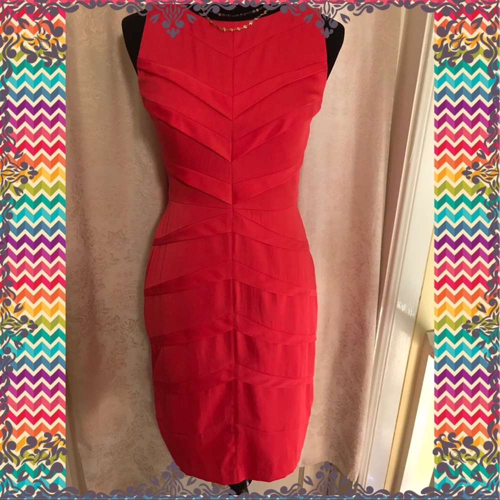 Adrianna Papell Coral-Red Pleated Bandage Midi Dress